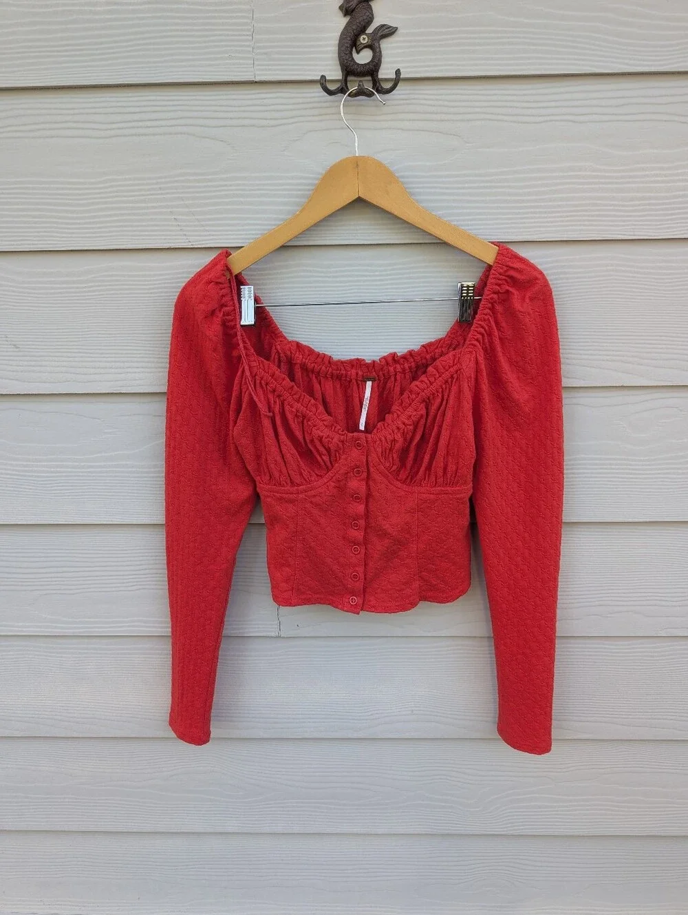 Free People Top Size S Red Babydoll Cropped Summer Long Sleeve Corset Cotton
